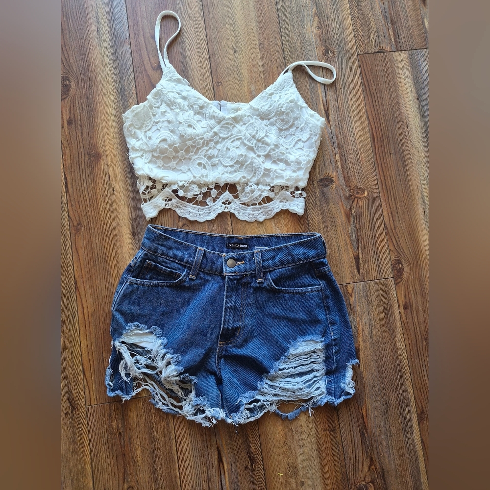 Fashion Nova Dark Blue Distressed Denim Cutoff Shorts with White Crop Top- Small